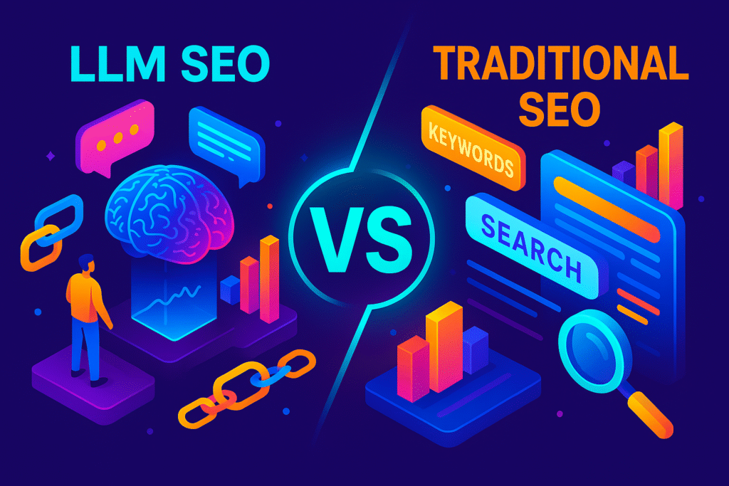 Image depicting elements for for LLM SEO vs Traditional SEO
