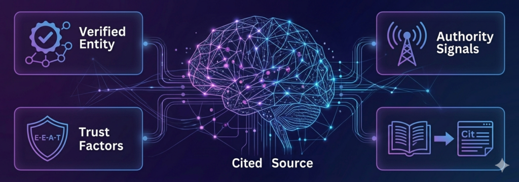 Infographic illustrating Google AI Overview ranking factors including Verified Entity status, Authority Signals, E-E-A-T Trust Factors, and Citation Sources.